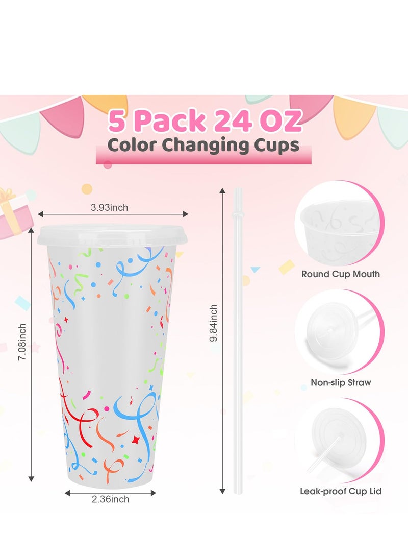 Color Changing Cold Cups with Lids and Straws - 5 Pack 24 oz Plastic Cute Tumblers Bulk, Reusable Water Drinking Bottle DIY Party Cups for Parties Birthdays Travel Home Activities