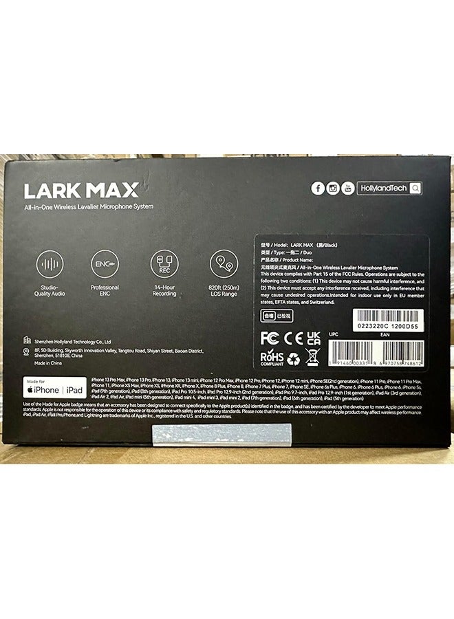 Lark Max Wireless Microphone, ENC Noise Canceling, Studio Audio Quality, 22H Duration, 820ft Range, 8GB Storage Recording Mic, Compatible with iPhone and iPad (Pack with Lav Mic)