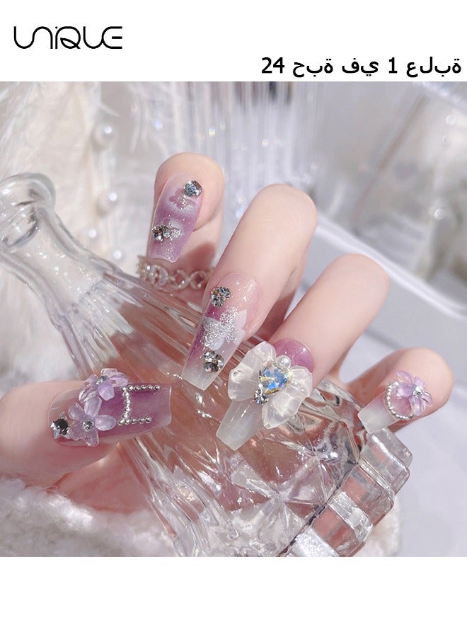 24Pcs Fake Nails, Press Nails, Mid-length Ballet Manicure - Gradient Purple Diamond-encrusted Manicure - Three-dimensional Purple Flower Manicure - Fake Nail Patch