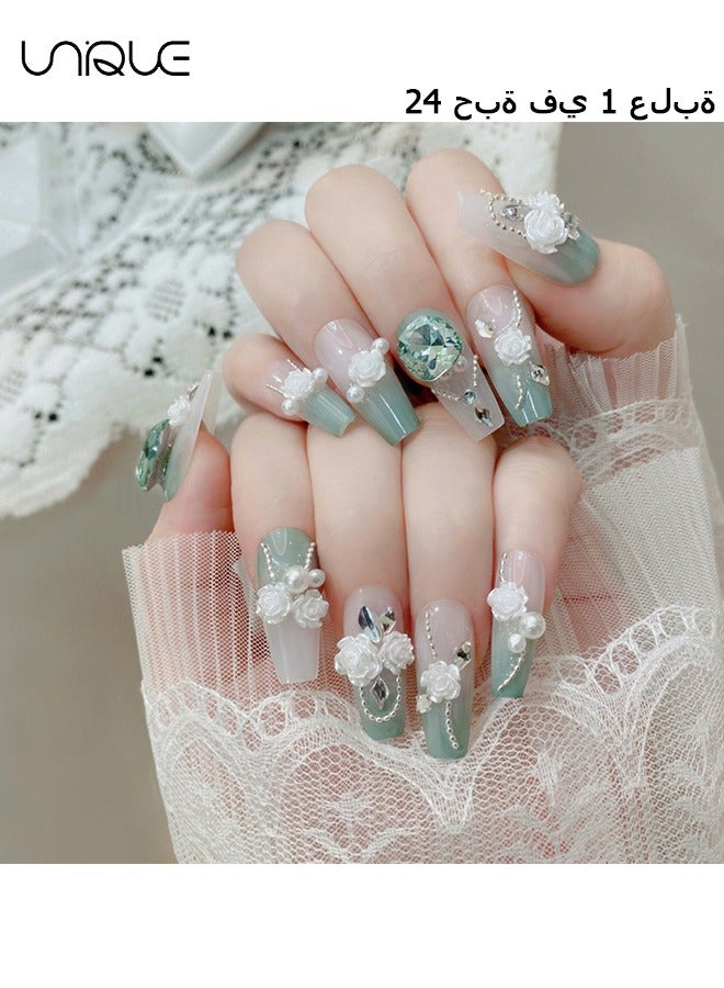 24Pcs Fake Nails, Press Nails, Mid-length Ballet Manicure - Gradient Green Diamond Manicure - Three-dimensional White Rose Green Diamond Manicure - Fake Nail Patch