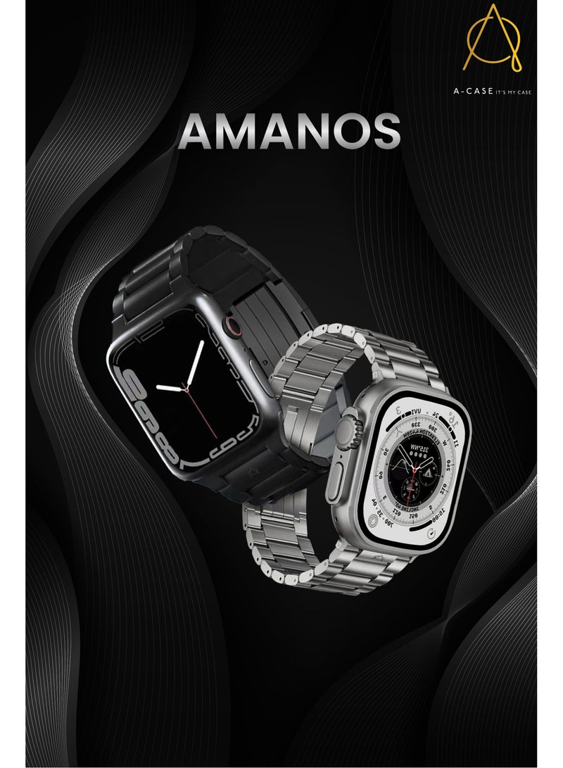 A-Case Amanos Series Apple Watch Steel Metal Band Premium Material Adjustable Strap Length 42mm/44mm/45mm - Silver