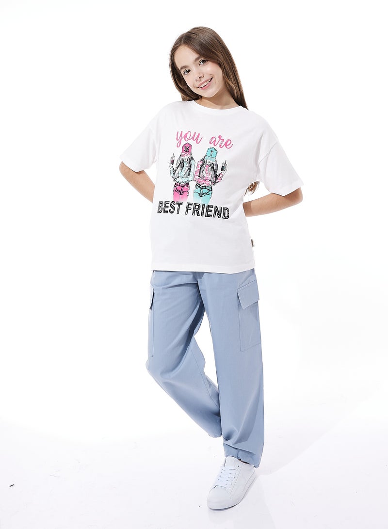 Girls' Two-Piece T-Shirt and Cargo Pants Outfit (Offwhite/Blue, 6-7 YRS)