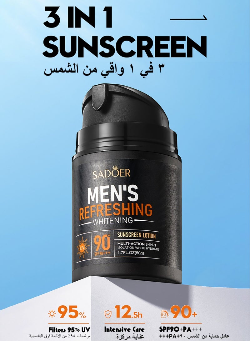 Facial Moisturizer With SPF90+ for Men,Sunscreen Daily Face Moisturizer Cream For Men,Sunscreen UV Protect, UVA & UVB Protection, Lightweight & Fast-absorbing,Non-Greasy Feel-50g