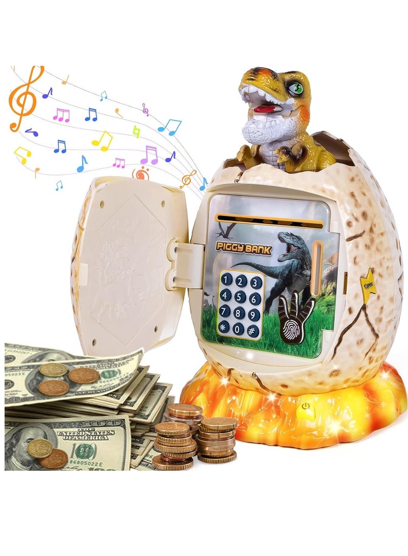 Piggy Bank for Kids Dinosaur Egg Money Bank with Fingerprint Unlocking/Night Light/Music Password ATM Machine Real Cash Coin Electronic Money Saving Box for Boys Girls Toys Gifts