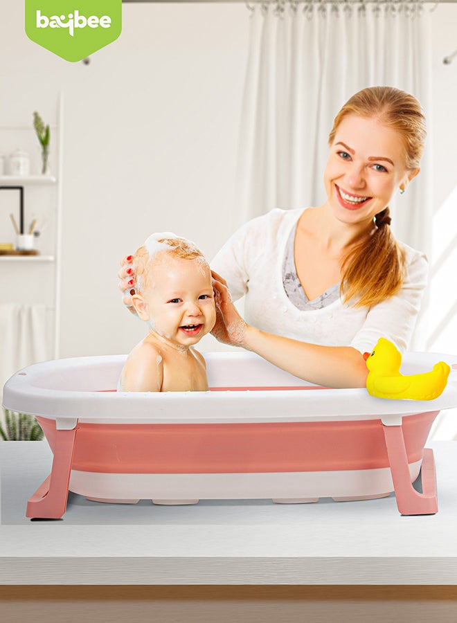 Foldable Baby Bath Tub With Anti-Skid Base, Temperature Sensing Water Plug And Wall Mountable Bathtub For Baby 0-3 Years, Pink