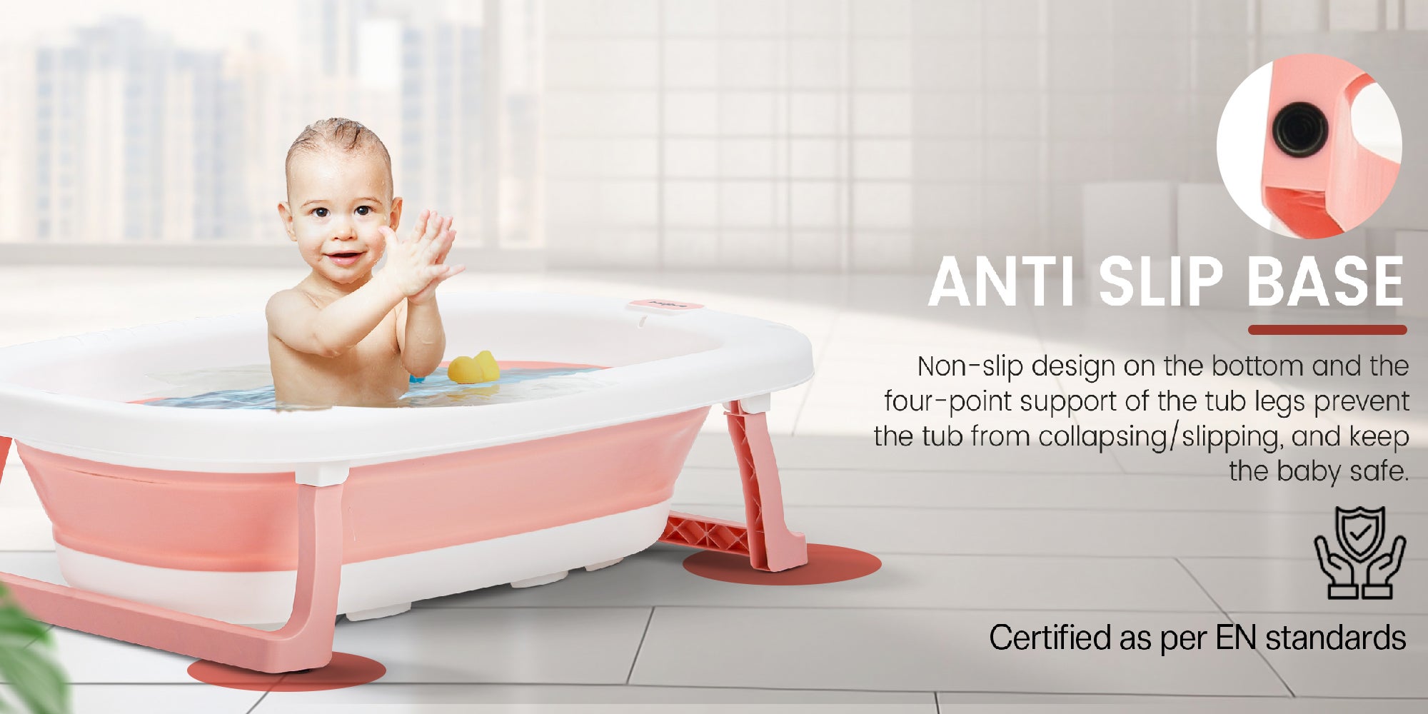 Foldable Baby Bath Tub With Anti-Skid Base, Temperature Sensing Water Plug And Wall Mountable Bathtub For Baby 0-3 Years, Pink