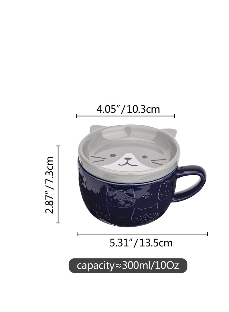 Cute Ceramic Cat Coffee Mug with Lid,Kawaii Coffee Mugs or Tea Cups for Cat Lovers,Funny Novelty Cat Breakfast Mugs for Women Wife Mum Girls Boys Friends Kids  Birthday Gift,300ML（Blue）
