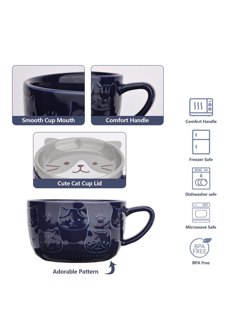 Cute Ceramic Cat Coffee Mug with Lid,Kawaii Coffee Mugs or Tea Cups for Cat Lovers,Funny Novelty Cat Breakfast Mugs for Women Wife Mum Girls Boys Friends Kids  Birthday Gift,300ML（Blue）
