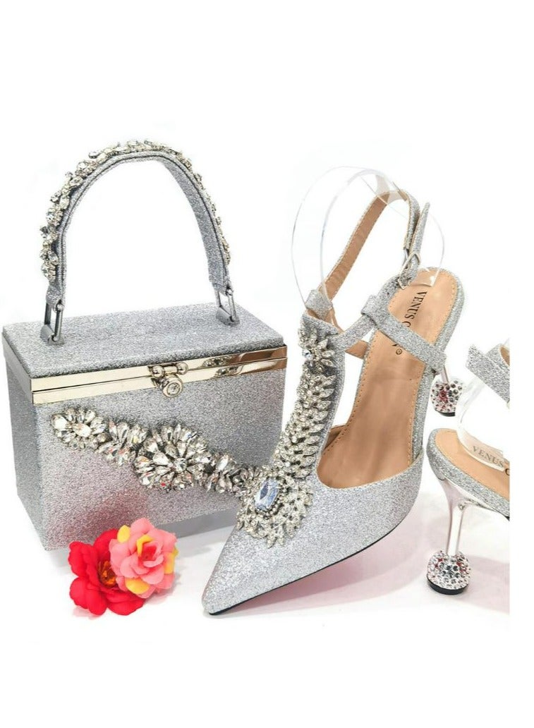 Fine Heeled Pointed Rhinestone High-Heeled Sandals 9cm+Square Rhinestone Handbag