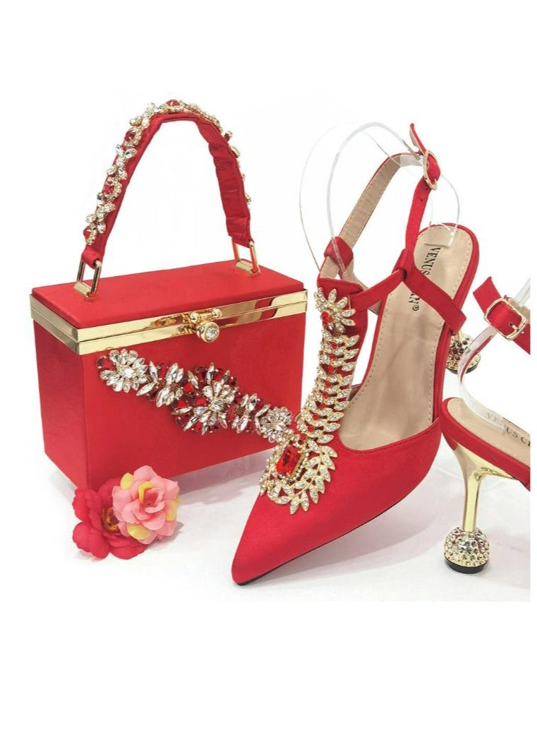 Fine Heeled Pointed Rhinestone High-Heeled Sandals 9cm+Square Rhinestone Handbag