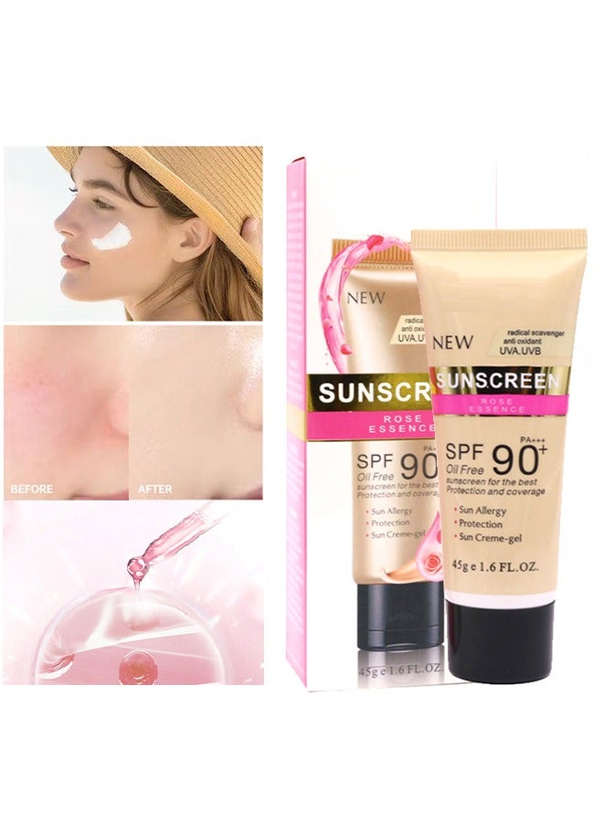 Rose Essence Sunscreen SPF90+, 2-in-1 Hydrating & Soothing Moisturizer & Face Sunscreen, Broad Spectrum Protection, Hypoallergenic for Sensitive Skin 45g