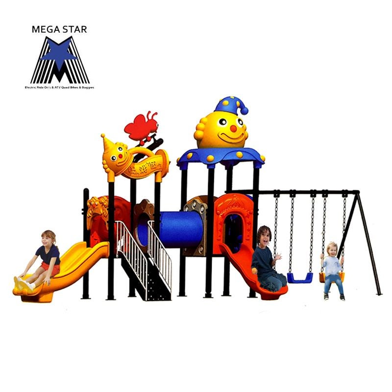 Megastar Juggly Clown Playhouse with double slide Mini Tunnel &triple swings- 690 cm 688X228X327cm