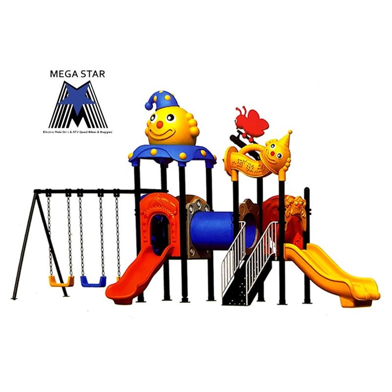 Megastar Juggly Clown Playhouse with double slide Mini Tunnel &triple swings- 690 cm 688X228X327cm