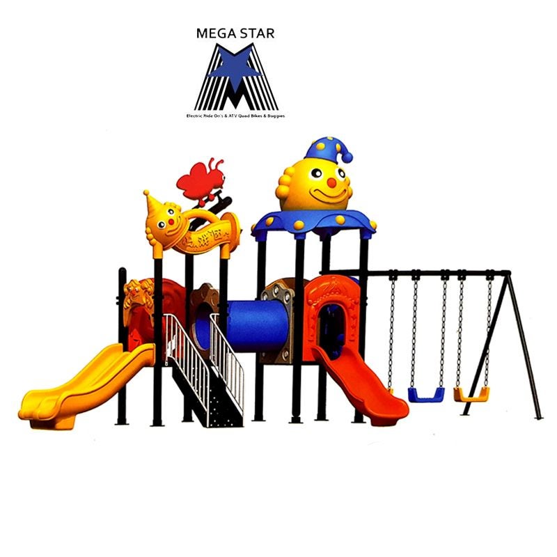 Megastar Juggly Clown Playhouse with double slide Mini Tunnel &triple swings- 690 cm 688X228X327cm