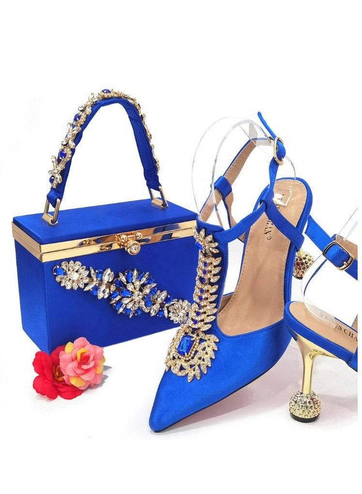 Fine Heeled Pointed Rhinestone High-Heeled Sandals 9cm+Square Rhinestone Handbag