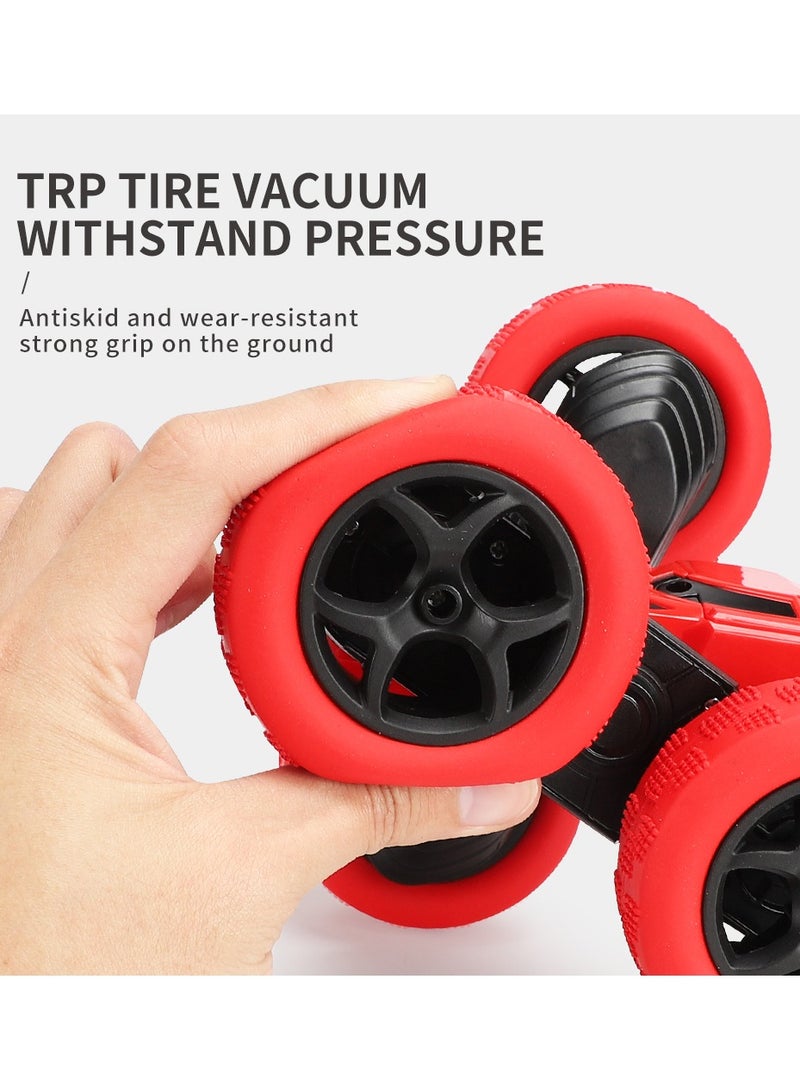 360° Rotating Remote Control Car for Kids - Double Sided 4WD RC Stunt Car with Headlights, 2.4GHz Off-Road Electric Race Toy, Rechargeable Stunt Drifting Car (Red) for Ages 3+