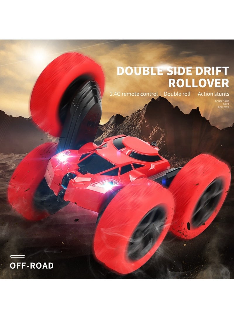 360° Rotating Remote Control Car for Kids - Double Sided 4WD RC Stunt Car with Headlights, 2.4GHz Off-Road Electric Race Toy, Rechargeable Stunt Drifting Car (Red) for Ages 3+
