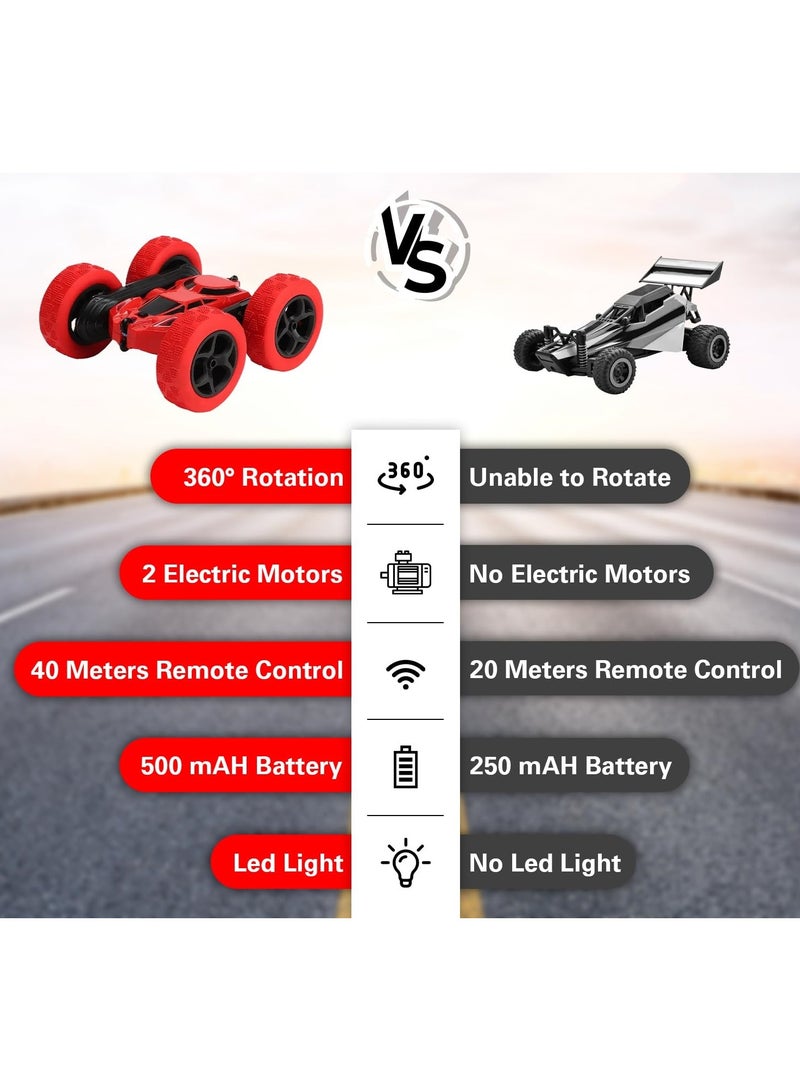 360° Rotating Remote Control Car for Kids - Double Sided 4WD RC Stunt Car with Headlights, 2.4GHz Off-Road Electric Race Toy, Rechargeable Stunt Drifting Car (Red) for Ages 3+