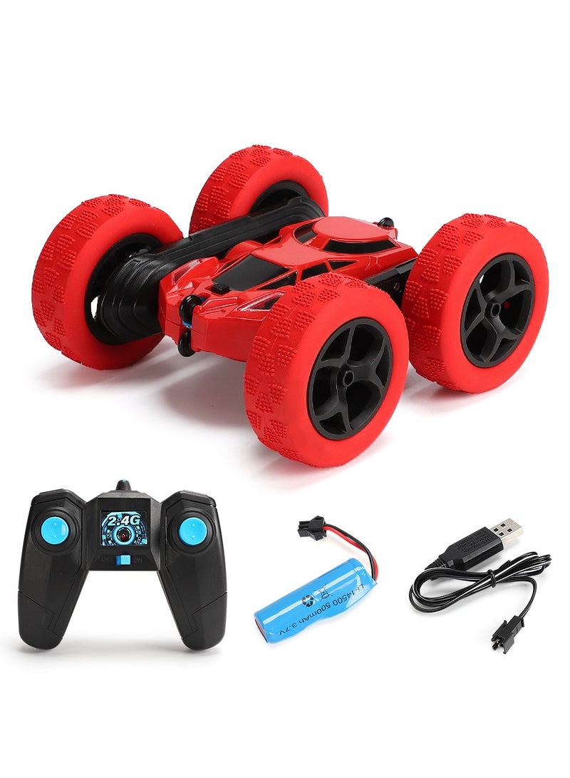 360° Rotating Remote Control Car for Kids - Double Sided 4WD RC Stunt Car with Headlights, 2.4GHz Off-Road Electric Race Toy, Rechargeable Stunt Drifting Car (Red) for Ages 3+