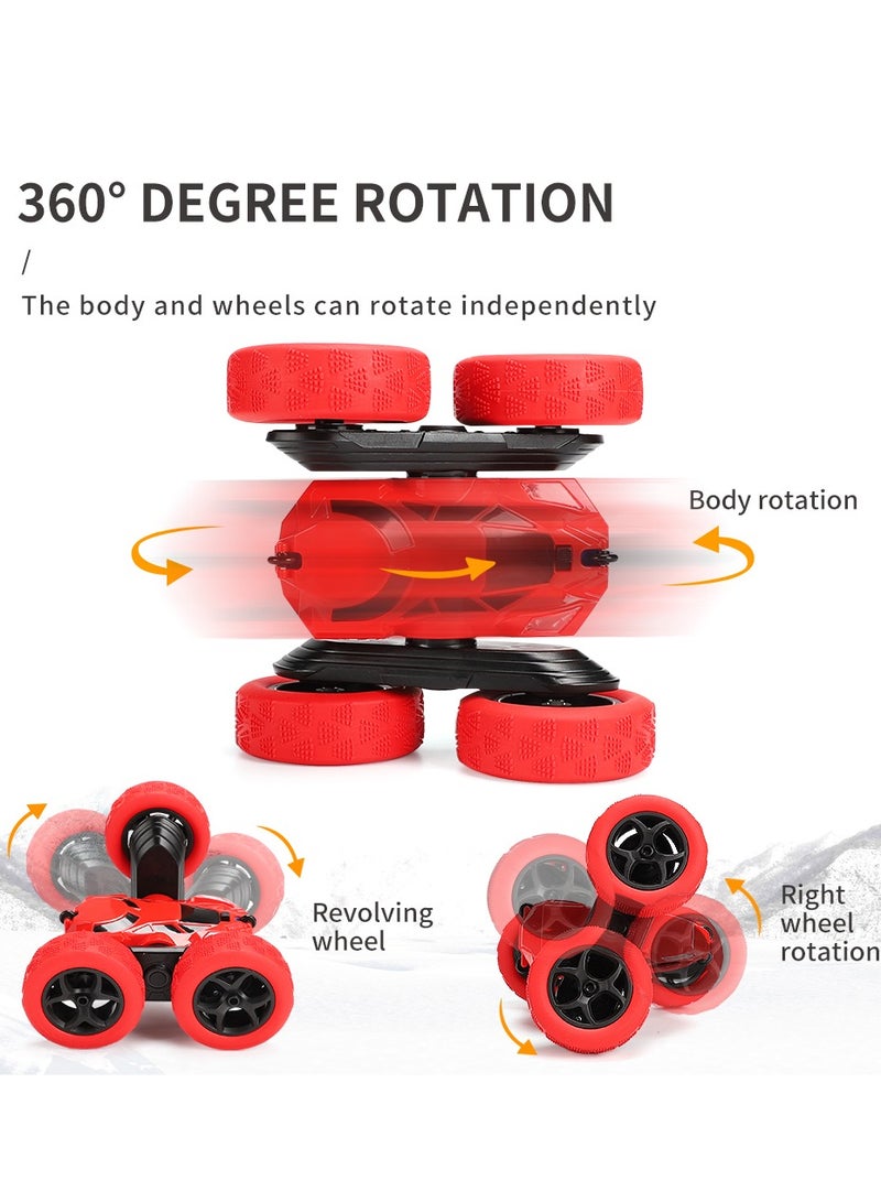 360° Rotating Remote Control Car for Kids - Double Sided 4WD RC Stunt Car with Headlights, 2.4GHz Off-Road Electric Race Toy, Rechargeable Stunt Drifting Car (Red) for Ages 3+