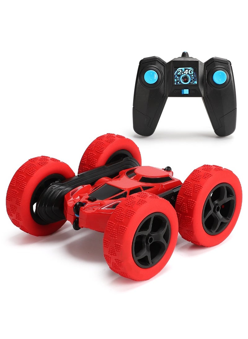 360° Rotating Remote Control Car for Kids - Double Sided 4WD RC Stunt Car with Headlights, 2.4GHz Off-Road Electric Race Toy, Rechargeable Stunt Drifting Car (Red) for Ages 3+