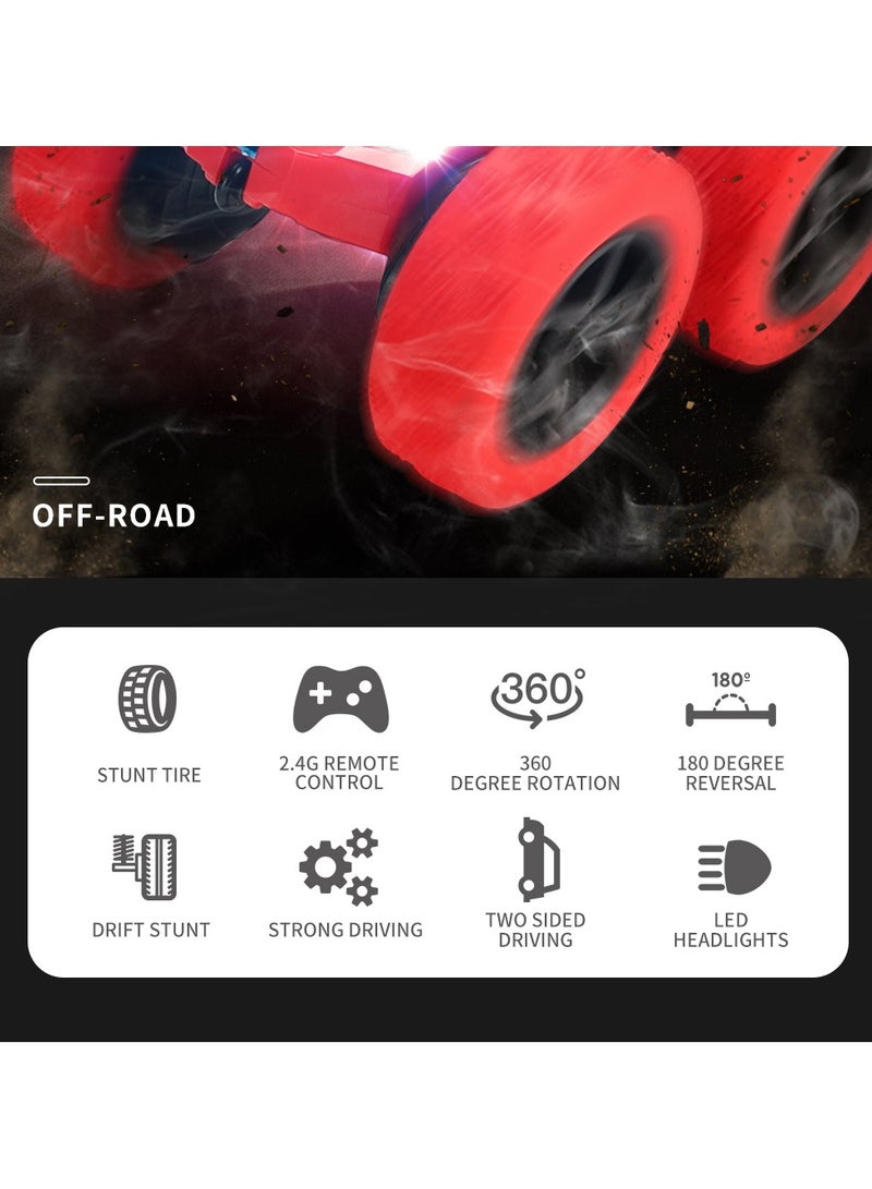 360° Rotating Remote Control Car for Kids - Double Sided 4WD RC Stunt Car with Headlights, 2.4GHz Off-Road Electric Race Toy, Rechargeable Stunt Drifting Car (Red) for Ages 3+