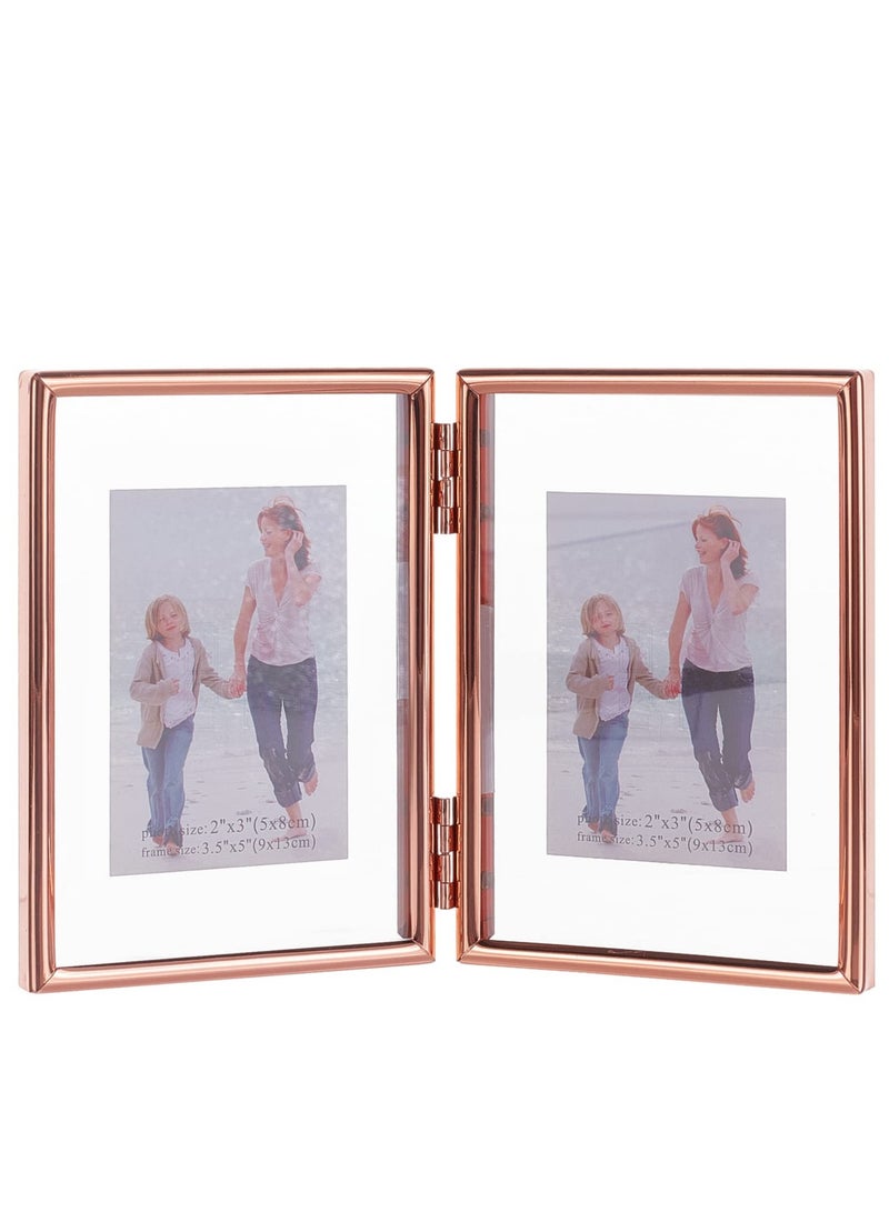 SYOSI Folding Double Metal Photo Frames Double-Sided Metal and Glass Picture Frames Hinged Family Photo Frame for Desktop or Tabletop DIY Frame Foldable(3x5 inch)