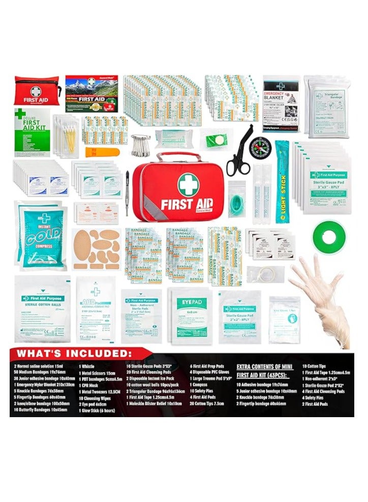 2-in-1 First Aid Kit (215 Piece Set) + 43 Piece Mini First Aid Kit -Includes Eyewash, Ice(Cold) Pack, Moleskin Pad and Emergency Blanket for Travel, Home, Office, Car, Workplace