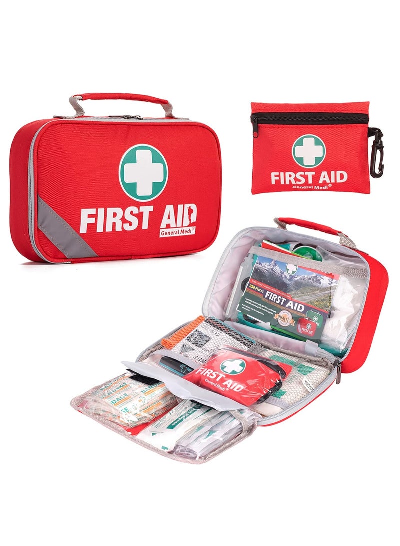 2-in-1 First Aid Kit (215 Piece Set) + 43 Piece Mini First Aid Kit -Includes Eyewash, Ice(Cold) Pack, Moleskin Pad and Emergency Blanket for Travel, Home, Office, Car, Workplace