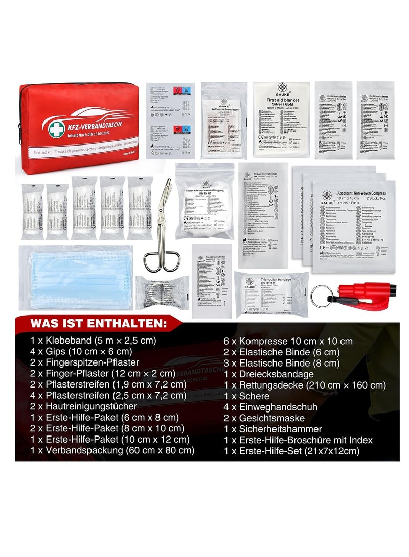 First Aid Kit, DIN 13164, Contains Premium Medical Supplies for Car Travel, Home, Office, Vehicle, Camping, Workplace & Outdoor