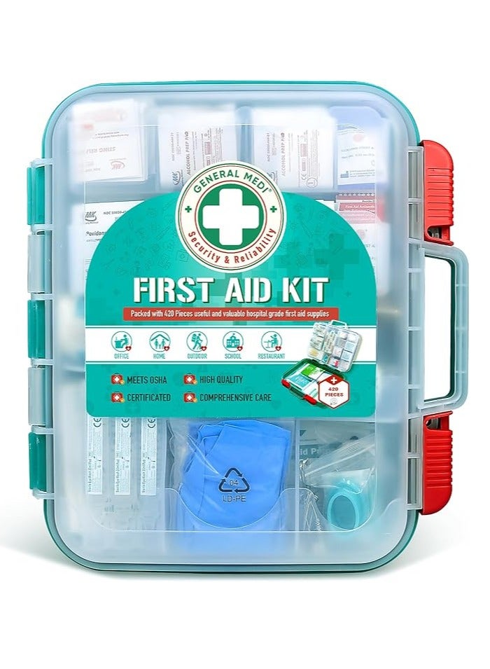 General Medi 420 Pieces Professional First Aid Kit - HardCase First Aid Box - Contains Premium Medical Supplies for Travel, Home, Office, Vehicle, Camping, Workplace & Outdoor