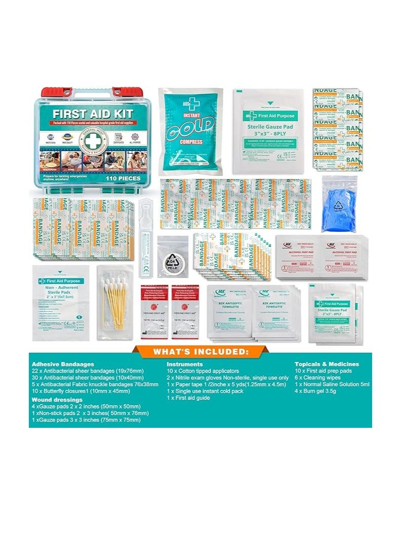 General Medi 110 Pieces Small First Aid Kit - HardCase First Aid Box - Contains Premium Medical Supplies for Travel, Home, Office, Vehicle, Camping, Workplace & Outdoor