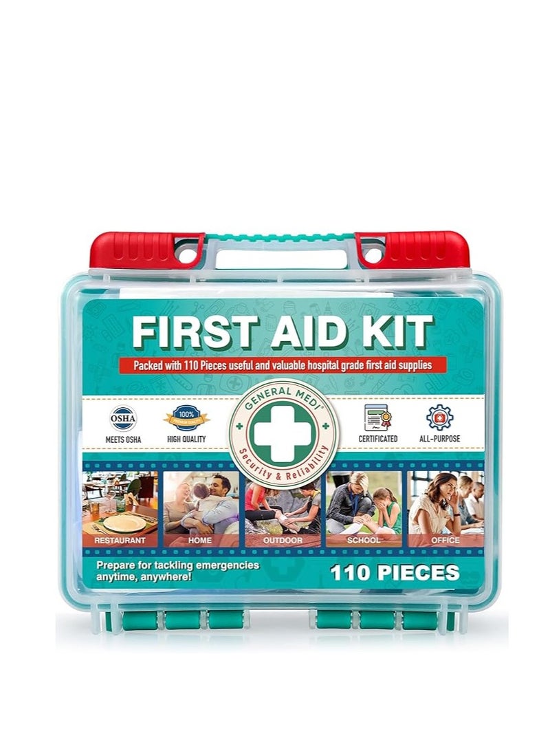 General Medi 110 Pieces Small First Aid Kit - HardCase First Aid Box - Contains Premium Medical Supplies for Travel, Home, Office, Vehicle, Camping, Workplace & Outdoor