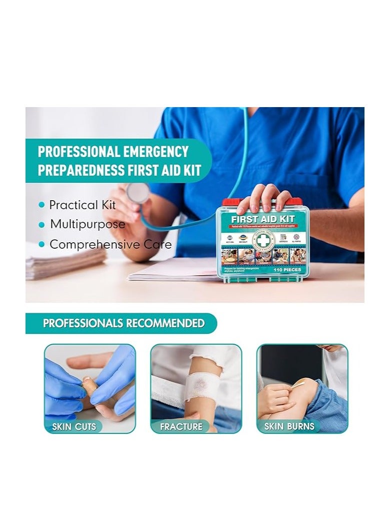 General Medi 110 Pieces Small First Aid Kit - HardCase First Aid Box - Contains Premium Medical Supplies for Travel, Home, Office, Vehicle, Camping, Workplace & Outdoor