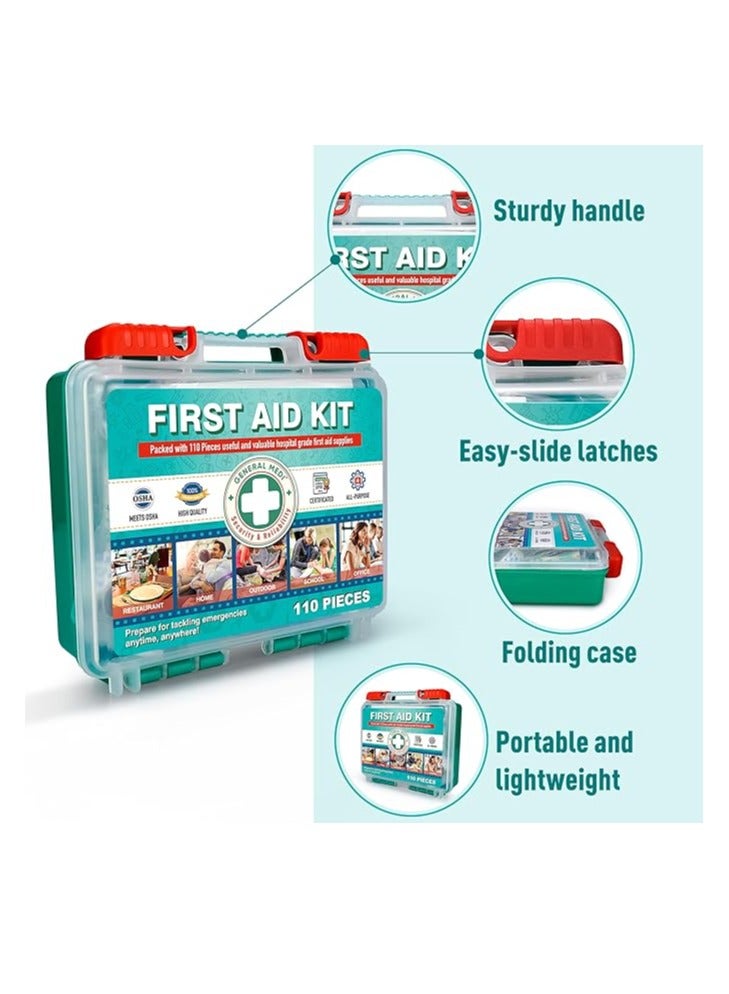 General Medi 110 Pieces Small First Aid Kit - HardCase First Aid Box - Contains Premium Medical Supplies for Travel, Home, Office, Vehicle, Camping, Workplace & Outdoor