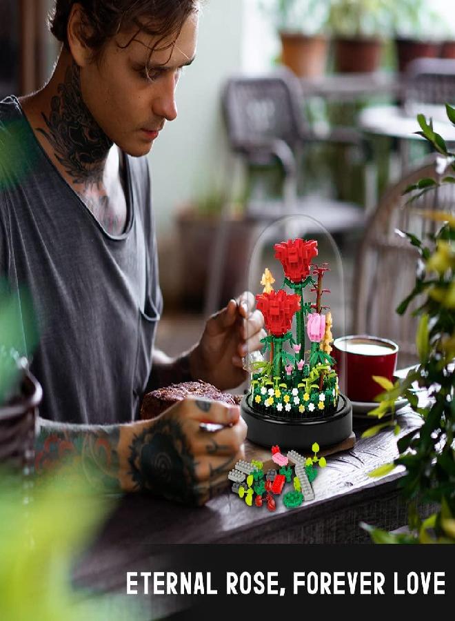 HOGOKIDS Flower Bouquet Building Kit - 596 PCS Bonsai Tree Sets with Cover Botanical Collection Building Blocks | Birthday Mini Bricks Valentines Day Gift for Adult Girlfriend Wife (Red Roses)