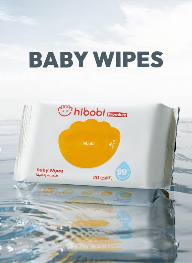 Hibobi Wet Wipes Small Pack Travel, 99% Pure Water, Soft & Thick Unscented Wipes for Sensitive Skin, Travel Pack, 20 Wipes, 20 Packs