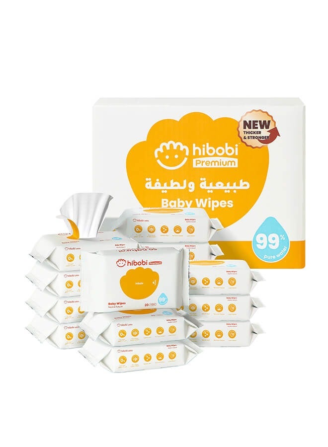 Hibobi Wet Wipes Small Pack Travel, 99% Pure Water, Soft & Thick Unscented Wipes for Sensitive Skin, Travel Pack, 20 Wipes, 20 Packs