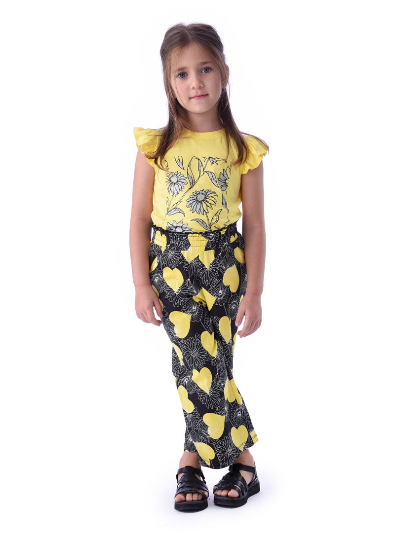 Girls' Summer Sleeveless Tee and Straight Pants Yellow and Black Set (2-8 Years)