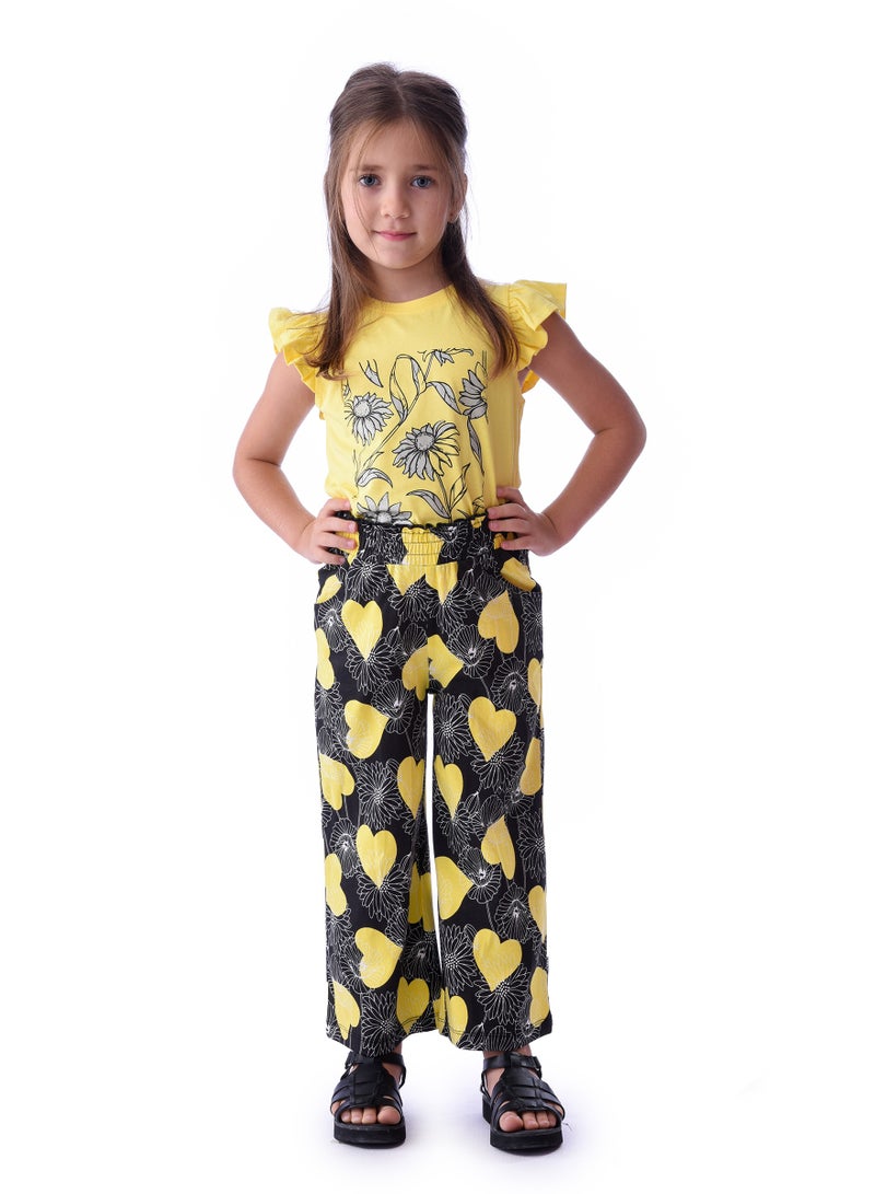 Girls' Summer Sleeveless Tee and Straight Pants Yellow and Black Set (2-8 Years)