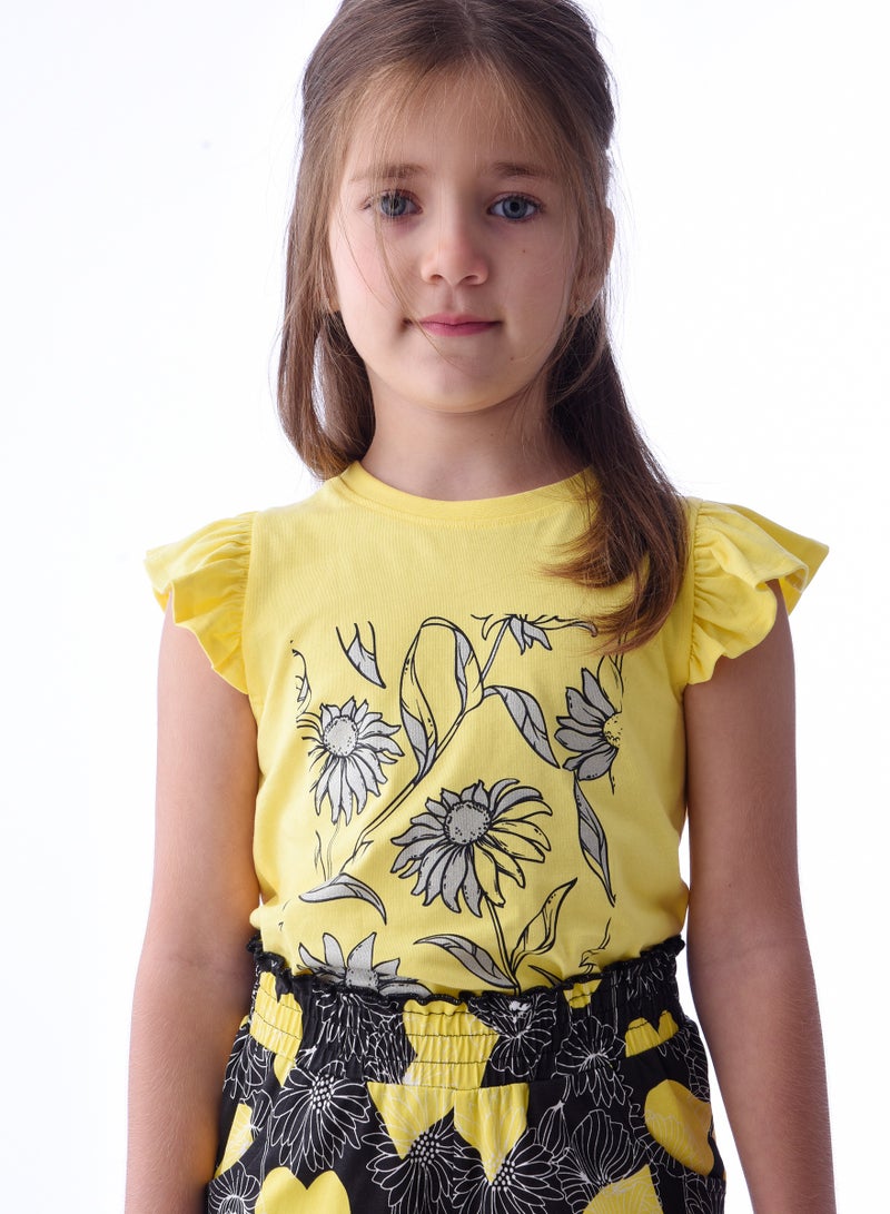 Girls' Summer Sleeveless Tee and Straight Pants Yellow and Black Set (2-8 Years)