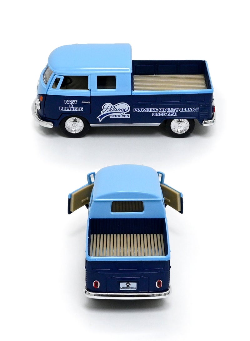 1963 Volkswagen Bus Double Cab Pickup 1:34 Scale Die Cast Metal Doors Openable Pull Back Action Toy