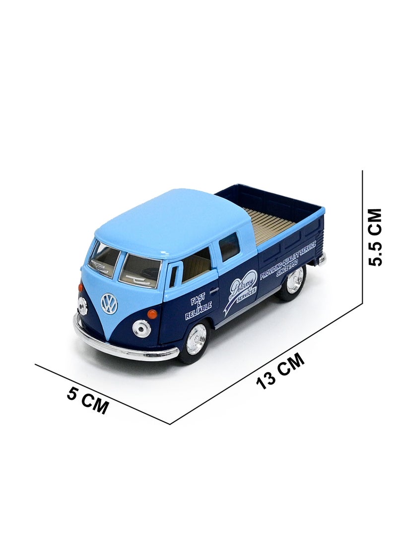 1963 Volkswagen Bus Double Cab Pickup 1:34 Scale Die Cast Metal Doors Openable Pull Back Action Toy