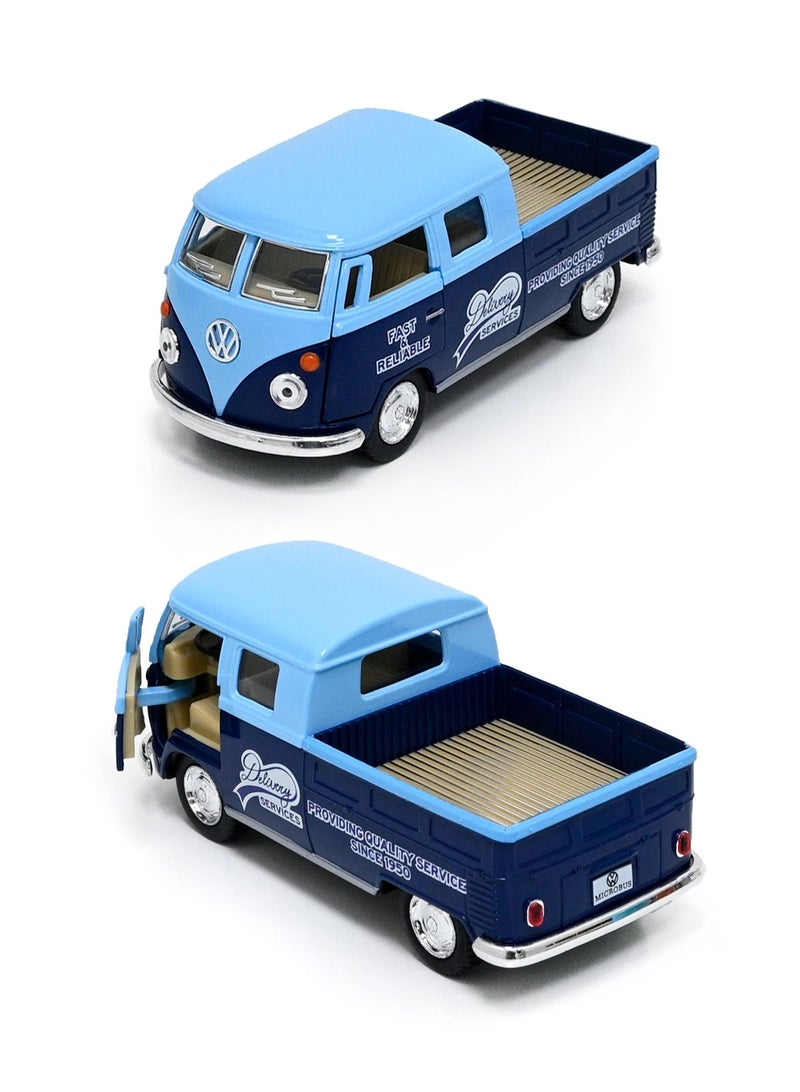 1963 Volkswagen Bus Double Cab Pickup 1:34 Scale Die Cast Metal Doors Openable Pull Back Action Toy