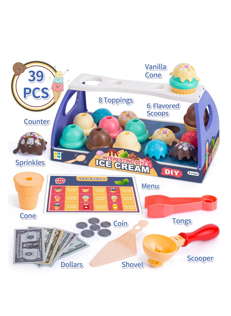 Serve Ice Cream Counter Toy Ice Cream Toy Play Set for Kids Toddler Ice Cream Counter Shop 39 Pcs Educational Pretend Play Food and Accessories Great Gift for 3 4 5 6 Year Old Girl or Boy