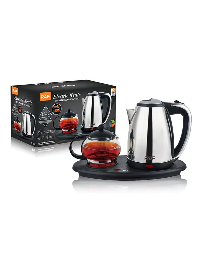 Electric Kettle 2 in 1 Hot Water Boiler 2.2 Liter and 1L Capacity, Warming Function Energy and Keeps the Water, 360° Rotating Base Stainless Steel and Borosilicate Glass Kettle for Coffee Tea Maker