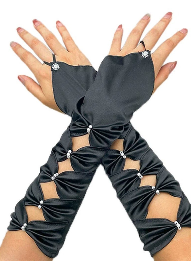 Satin Gloves Long Fingerless Gloves, Women's Long Satin Finger Gloves, Elastic Nightclub Party Gloves, Fingerless Lace Up Gloves, for Women and Girls for Dress Up Party