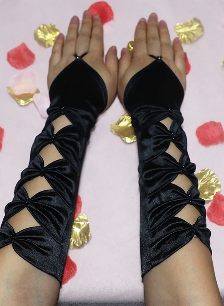 Satin Gloves Long Fingerless Gloves, Women's Long Satin Finger Gloves, Elastic Nightclub Party Gloves, Fingerless Lace Up Gloves, for Women and Girls for Dress Up Party