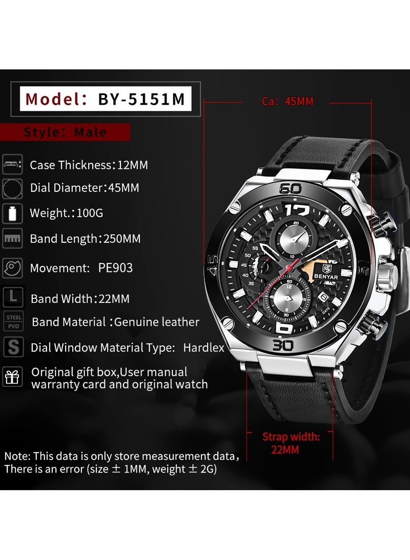 Watches for Men Luxury Quartz Water Resistant Watch Men's Chronograph Genuine Leather Strap 5151