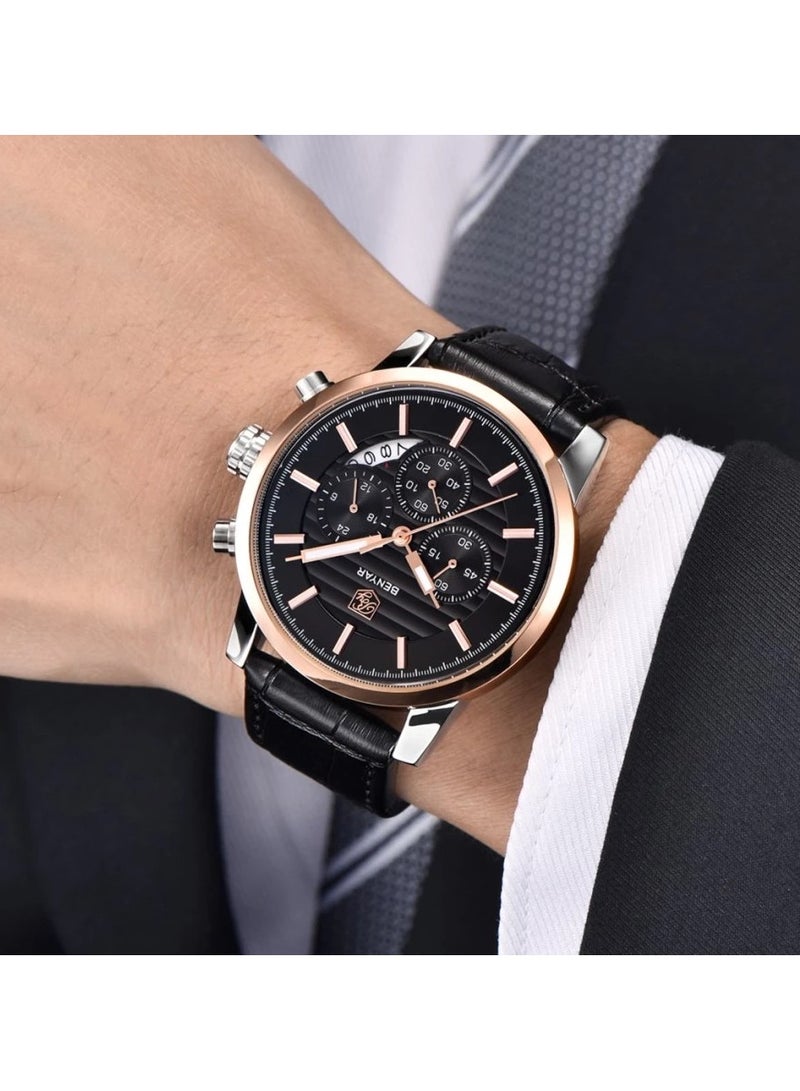 Watches for Men Luxury Quartz Water Resistant Watch Men's Chronograph Genuine Leather Strap 5104